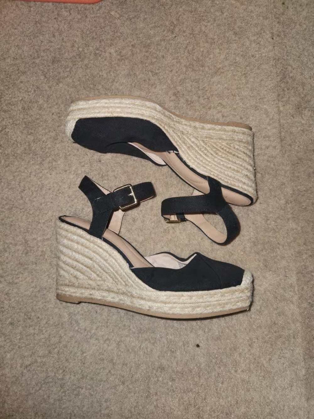 Time and Tru Black Espadrille Wedge Sandals with Ankle Strap
